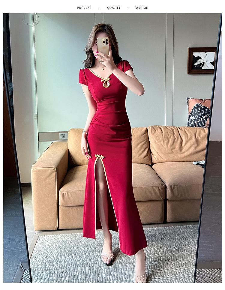 Improved Cheongsam Split-ended Long Dress Low-cut and Thin Foot Sauna Sexy Dress Work Dress