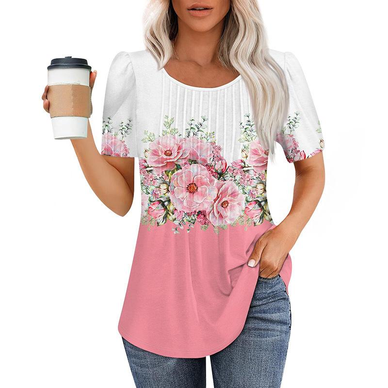 European And American Women's Tops New Style Pleated Round Neck Short-sleeved T-shirt Women's Shirt
