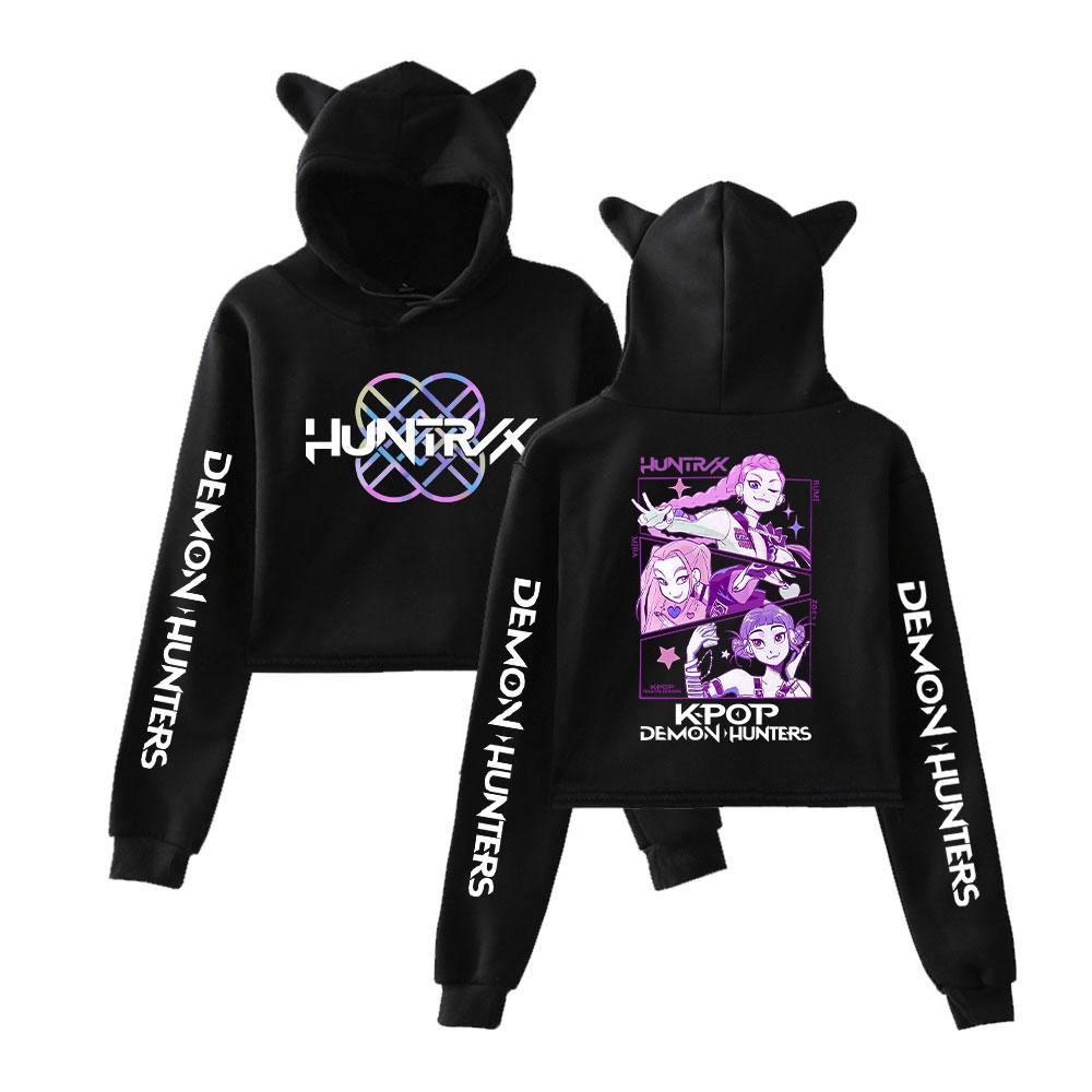 KPop Demon Hunters Pullover Girls Casual Cat Cropped Hoodies Female Long Sleeve Sweatshirts Crop Top Women's Hoodie Sexy Tops