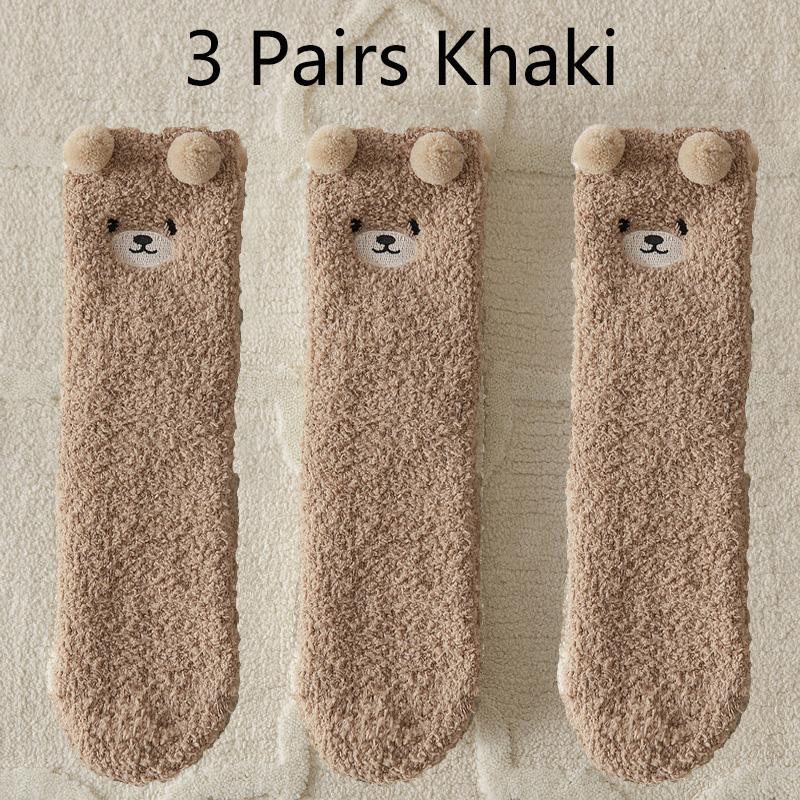 3 Pairs Winter Socks Women Warm Fluffy Socks Bear Cute Animal Coral Fleece Kawaii Fuzzy Socks Thicken Home Sleep Floor Socks Ins