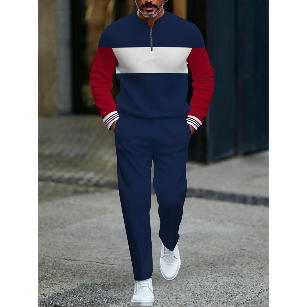 Spring Autumn 3D Printed Fashion Cool Men's Long-Sleeved Sets Half-Zipper Stand-Up Collar Men's Casual Sportswear Two-Piece Set