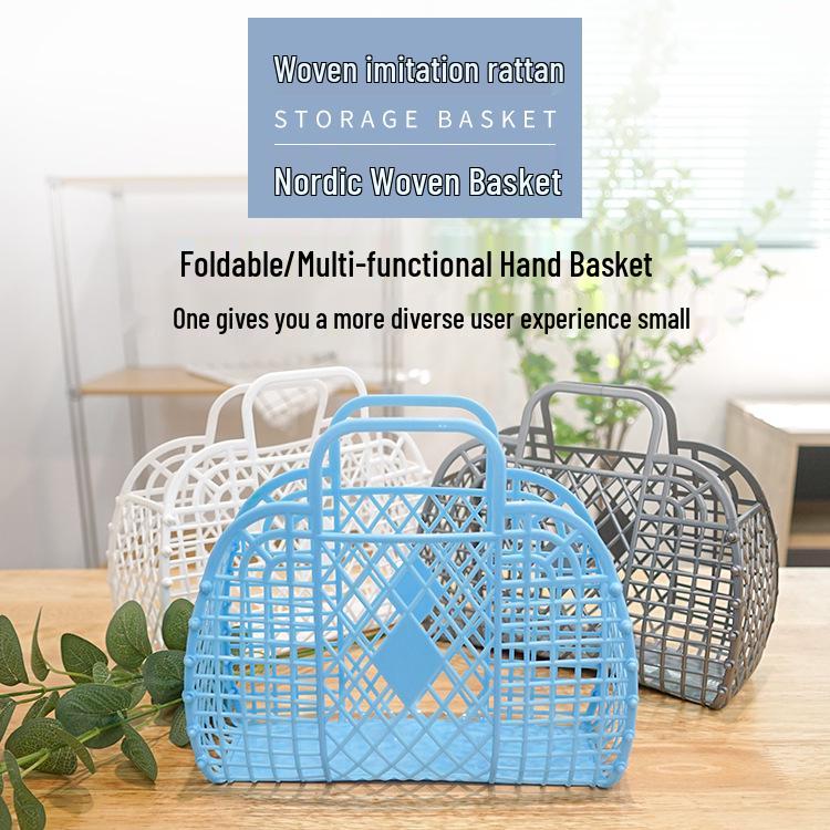 Foldable Plastic Supermarket Tote Basket - Hollow Design for Shopping, Fruits, Toys, and More.