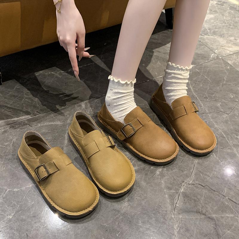 Fashion New Style Luxury Leather Women Shoes Spring Retro Round Head Casual Flat Rubber Bottom Belt Buckle Women's Single Shoes