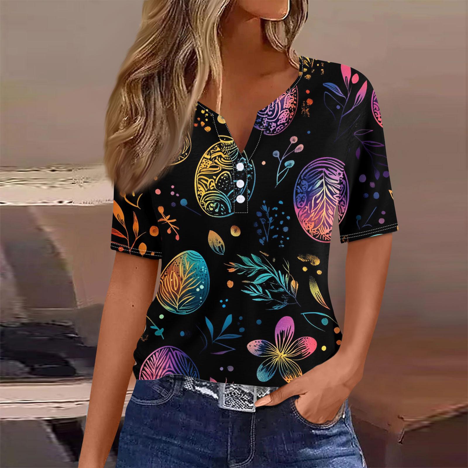 

Женская мода повседневная винтажная пасхальная футболка с V-образным вырезом и коротким рукавом с декоративными пуговицами L