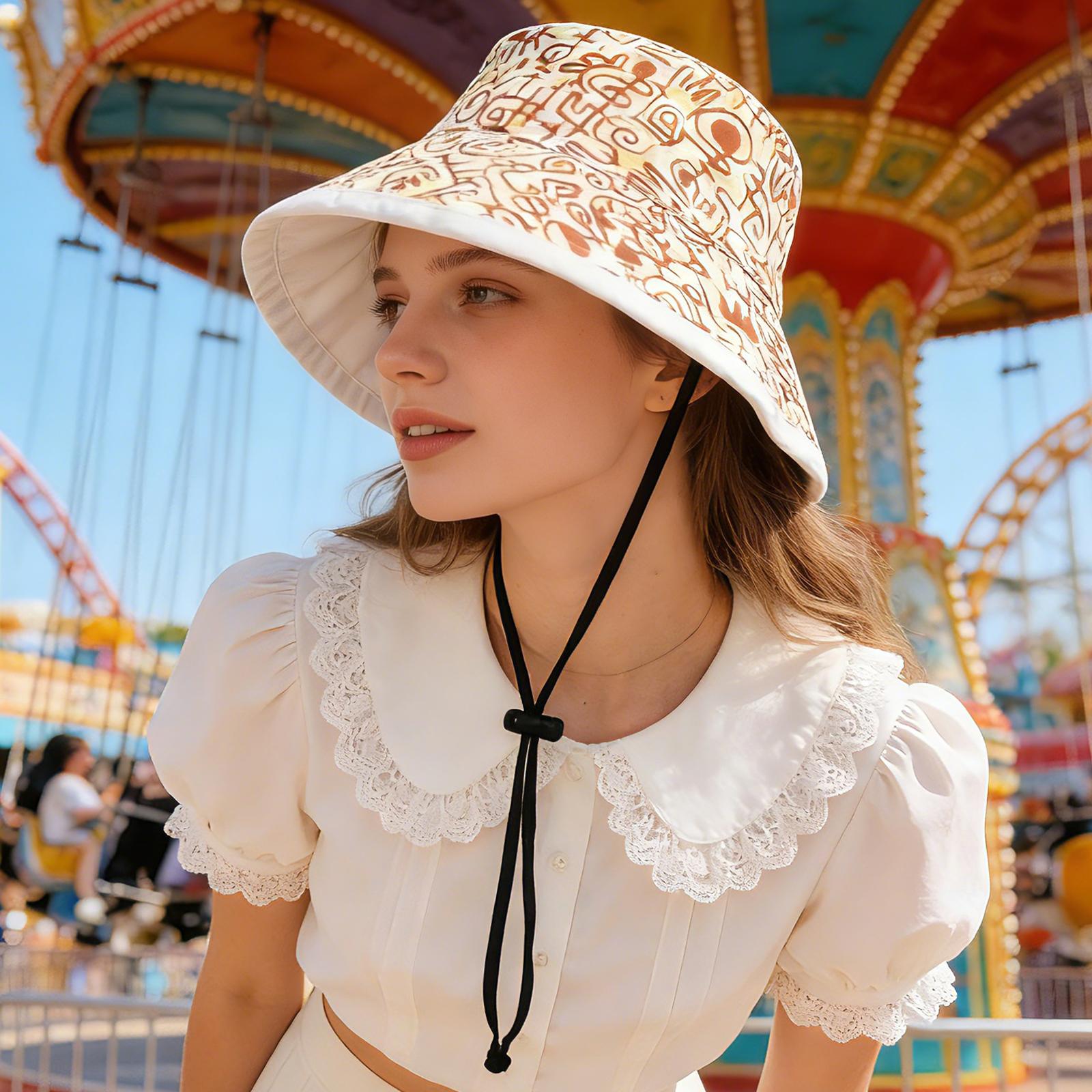 

Fashion Doodle Art Print Reversible Bucket Hat Women Small Brim Cotton Sun Hat for Outdoor Travel Summer 55-58cm