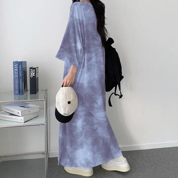 

2024 Summer Tie-Dye High-Elastic Casual Color-Block Slimming T-Shirt Dress Extra Large королевский синий