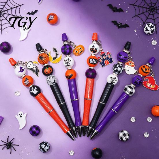 Handmade Wooden Writing Pens 6PCS Halloween Beadable Pen Kit, DIY Ballpoint with Pumpkin Witch Unique Ghost Theme Beads, Creative Smooth for