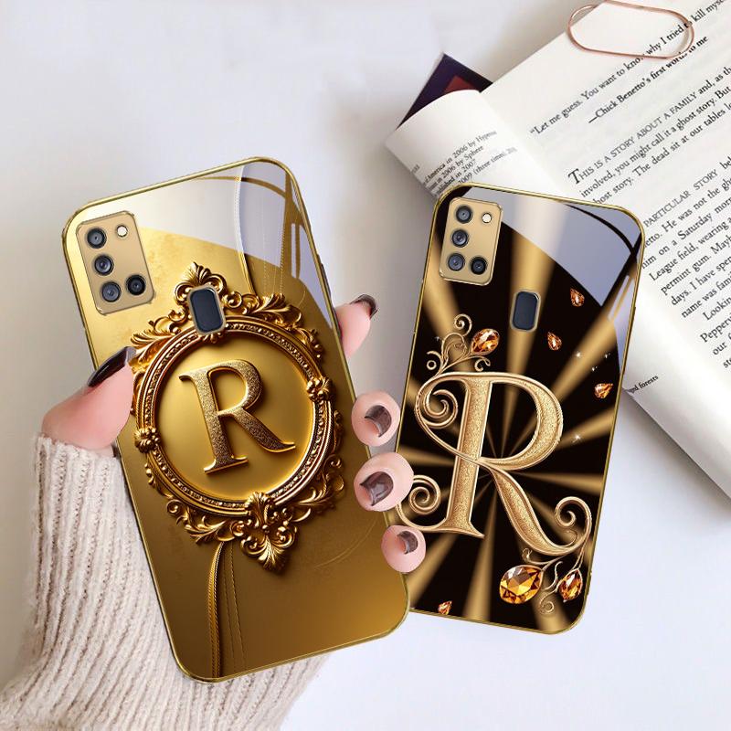 Gorgeous letter gold "R" For Samsung A 31 32 A33 A34 35 14 A15 13 16 25 26 50 52 53 54 55 56 70 71 72 73 Golden glass phone case