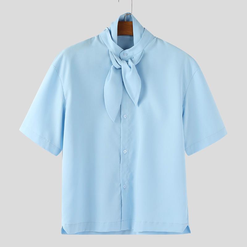 INCERUN Oversized Men Tie Neck Solid Color Buttons Casual Shirts