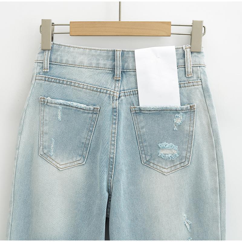 Mode Lässig Damen Voll Längen Locker Sitzende Jeans Gemütlich Mittlere Taille Abgenutzt Baggy Denim Hose Weiter Bein Hinten Aufgerissene Manschette Jean