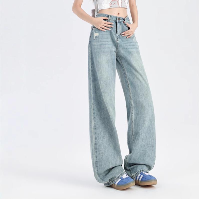 Women's High-Waisted Wide-Leg Light Ripped Jeans - Spring Collection