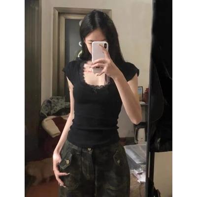 2024 Y2k Aesthetic Lace Patchwork Crop Top Streetwear Harajuku Women Vintage U Neck T-shirt Streetwear Bow Bottoming Grunge Tees