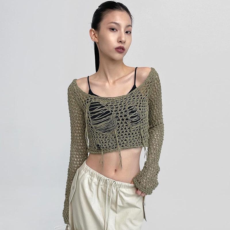 European and American Style Women's Knit Cover Up with Hole Design Sexy Spicy Girl Style Short Long Sleeve Top