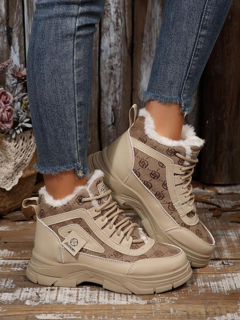Damskie śniegowce do połowy łydki, podszyte polarem, skórzane, kolekcja Jesień/Zima 2025: Sportowe buty bawełniane z blokami kolorów, na grubej podeszwie, sznurowane