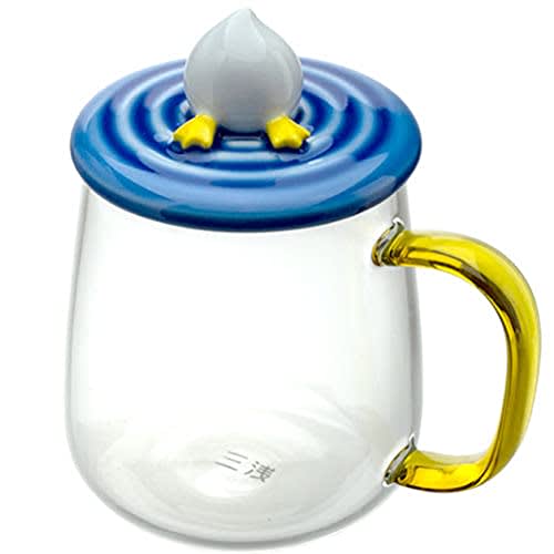 400ml Heat-resistant Glass Mug with Blue Wave-patterned Lid (with Diving Duck Decorative Handle) and Blue Lid Holder