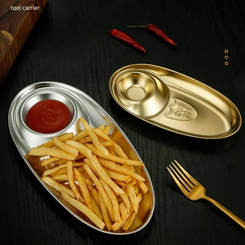 304 Nerezový talíř na svačinu, hranolky, oválný talíř, domácí kreativní jednoduchý dip, západní jídlo, knedlíky, kořenící disk