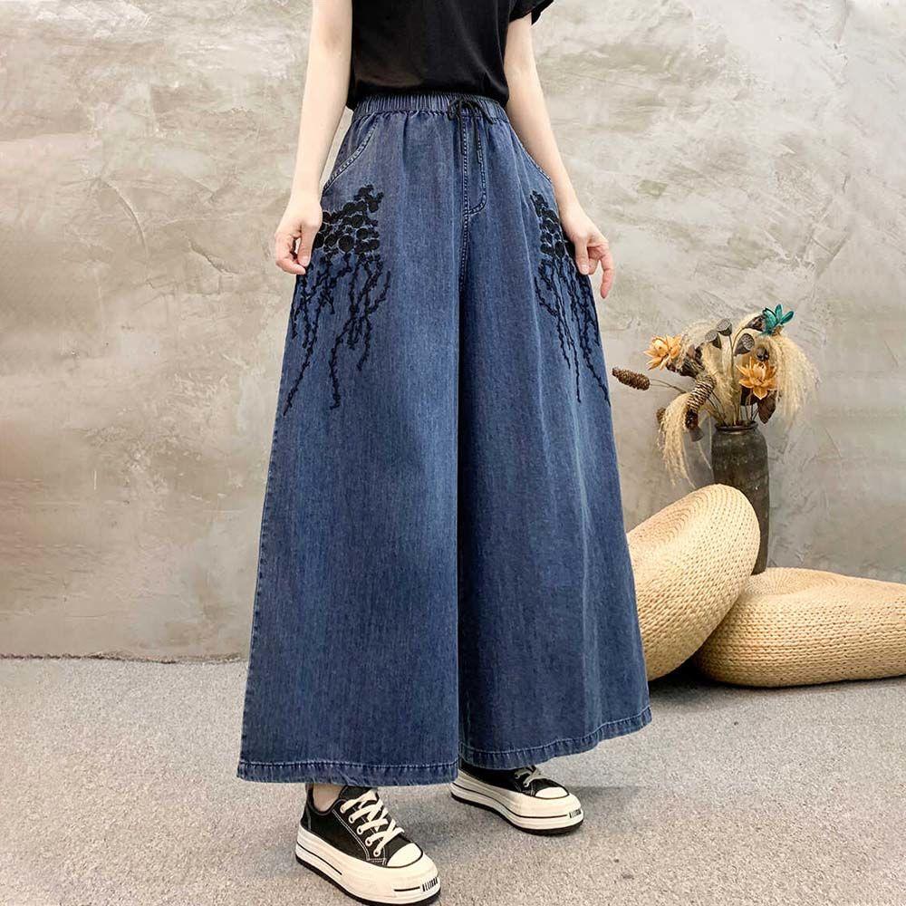 Women's Literary Retro Embroidered Denim Wide Leg Pants Spring and Autumn Plus Size Loose Versatile Slimming Baggy Long Pants