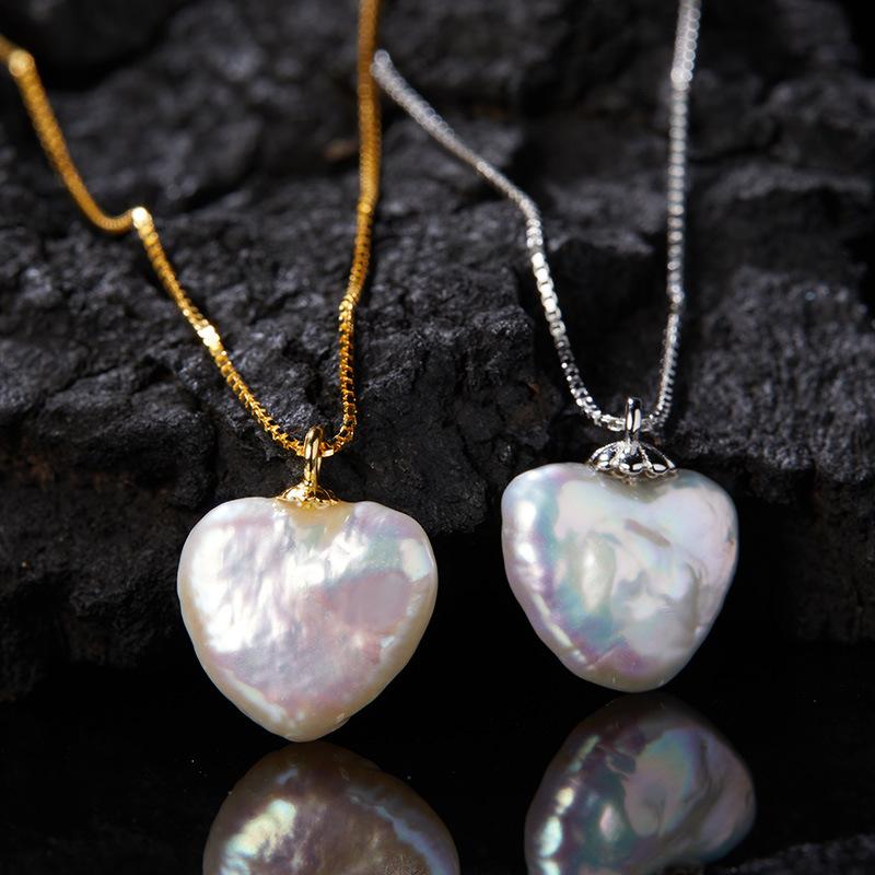 S925 Sterling Silver Inlaid With Natural Baroque Pearl Necklace Women'S Simple Fashion Heart-Shaped Love Pendant Earrings