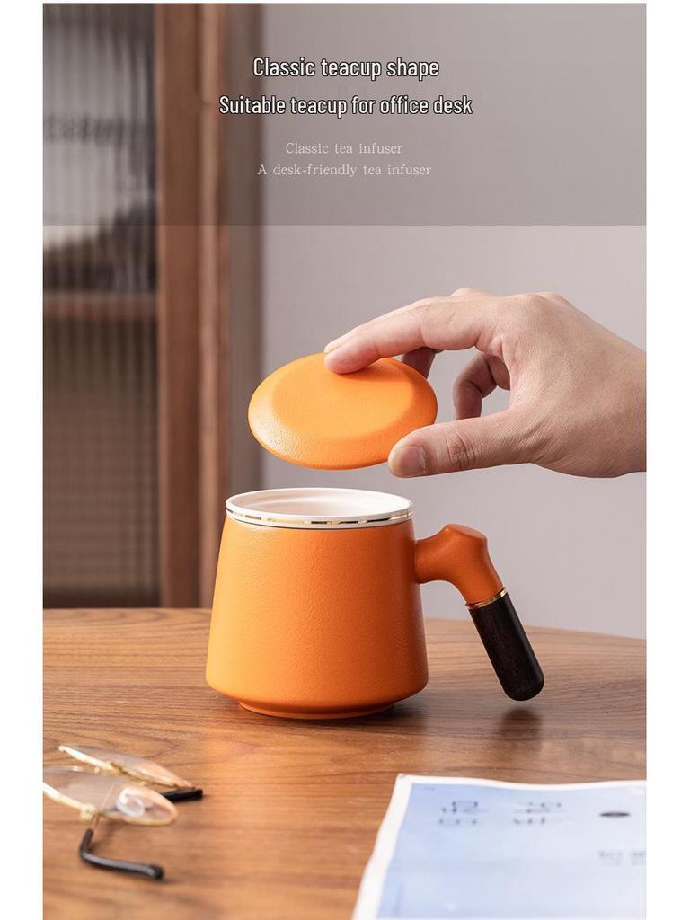 Chinese Style Ceramic Cup Gift Set with Lid and Wooden Handle - Three-Piece Tea Cup with Filter