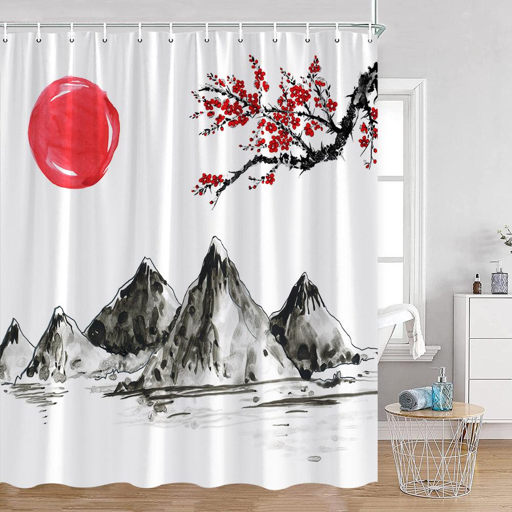 Japanese Style Shower Curtains Fuji Mount Great Waves Bamboo Red Sun Bathroom Curtain Japan Fabric Home Decorations For Bathtub