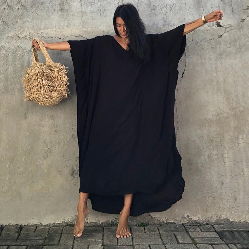 

Однотонная свободная вискозная пляжная накидка-халат - Рубашка-солнцезащитный крем для купальника One Size чёрный