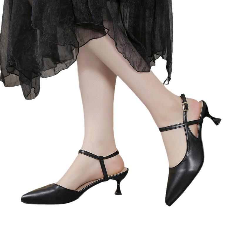 High Heel Pointed Head Bag Head Back Empty Professional Women's Sandals New Thin Heel Large Size One-word Buckle Women's Shoes