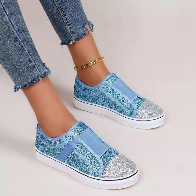 Spring and Autumn Large Size Sequined Board Shoes Flat Bottom Low Top Round Head Casual Women's Glitter Color Matching Women's Single Shoes