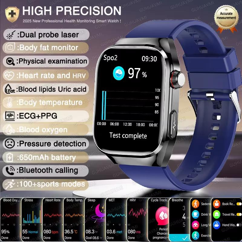 2025 New High-end Laser Detection Health HD Smart Watch Men ECG+PPG Precise BP Fat Uric Acid Call Sports Pulse Tracking Watche