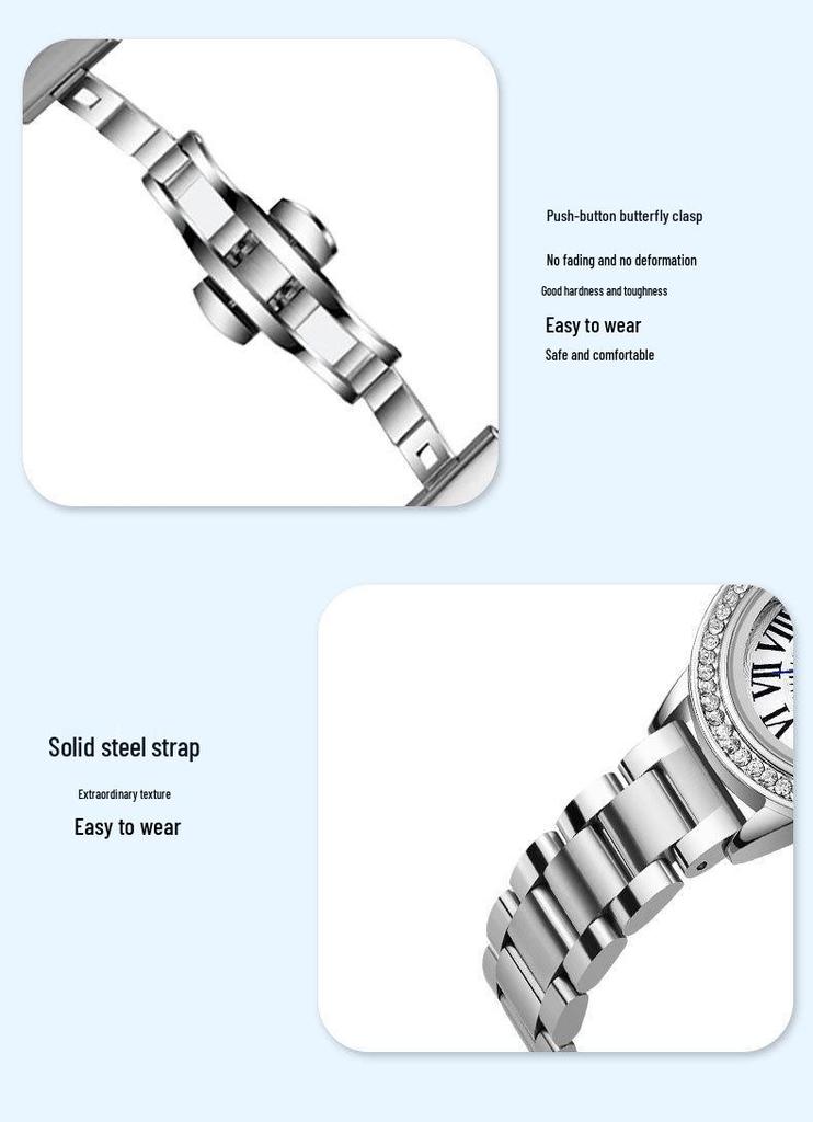 Origineel Dames Stalen Band Horloge met Vlinder Sluiting, Dubbele Datum, Lichtgevend, Waterdicht, Elegante Nieuwe Stijl.