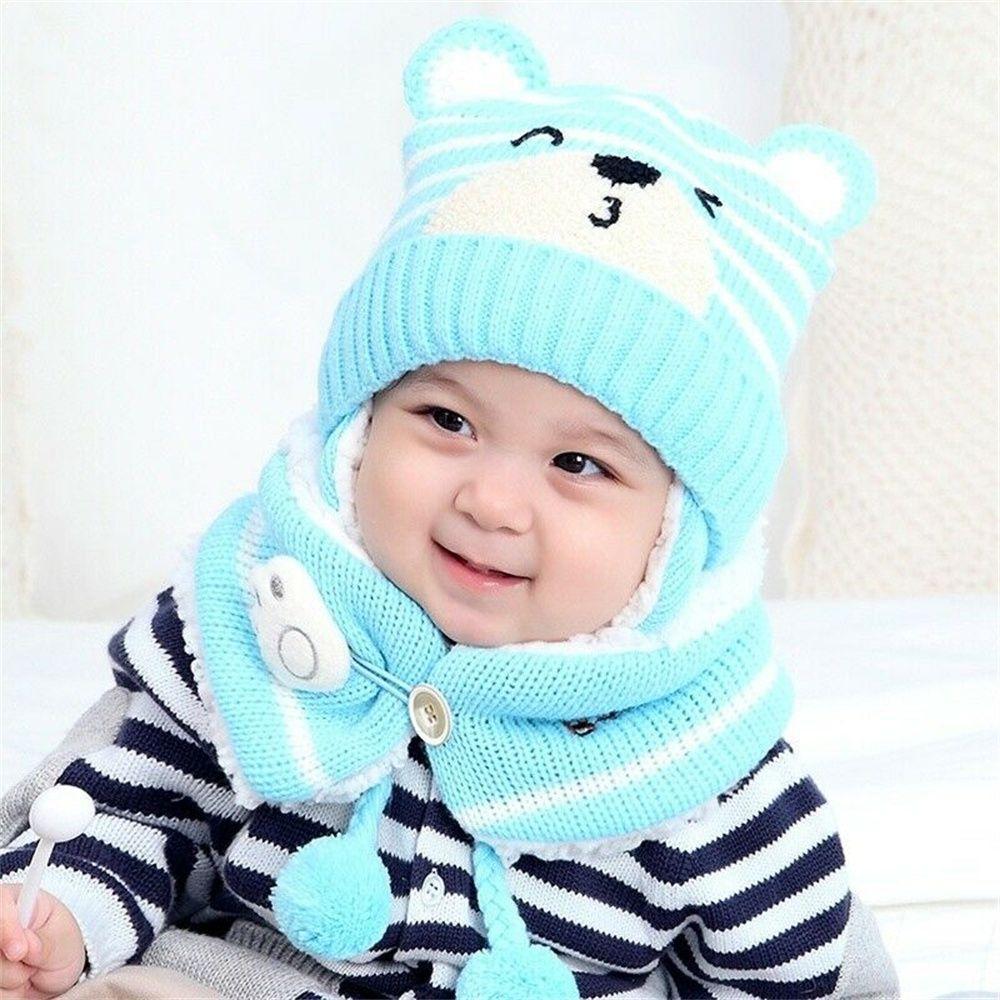 

Warm Toddler Baby Winter Boys Girl Neck Scarf Baby Beanie Cap Kids Hat Scarf Set Bear Earmuff синий