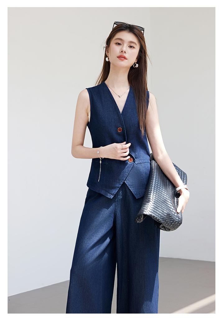 Summer "light Oxygen Commuting" Series Imitation Denim Color V-neck Vest+wide Leg Pants Set