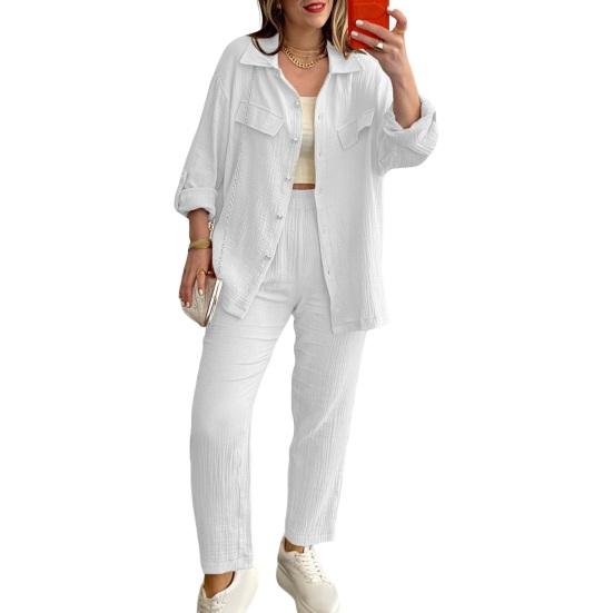 2 Pçs/set Mulheres Camisa Calças Conjunto Lapela Solta Blusa Manga Longa Trespassado Cintura Alta Elástica Calças Slim Fit Roupas de Uso Diário