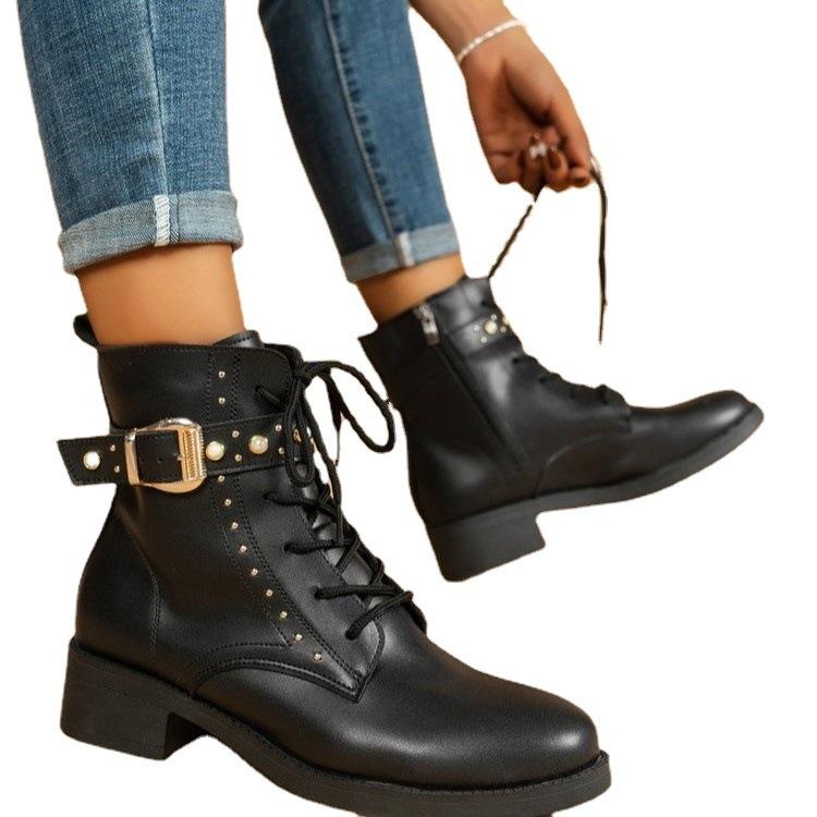 Martin Boots Women's New Round Head Side Zipper Short Tube Flat Bottom Short Boots Wind Metal Buckle Strap Thin Boots