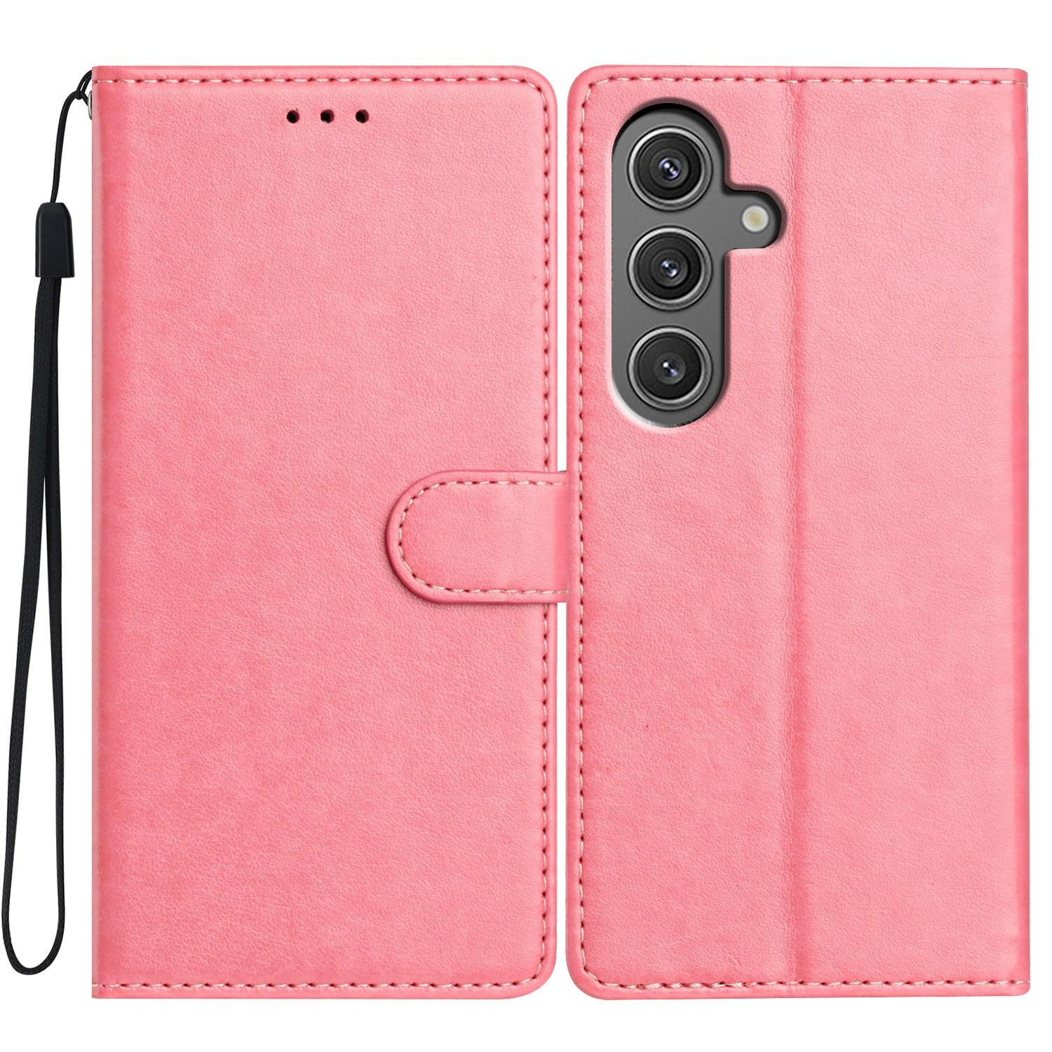 

For Samsung Galaxy S24+ Leather Phone Case Wallet Stand Cover with Handy Strap Pink