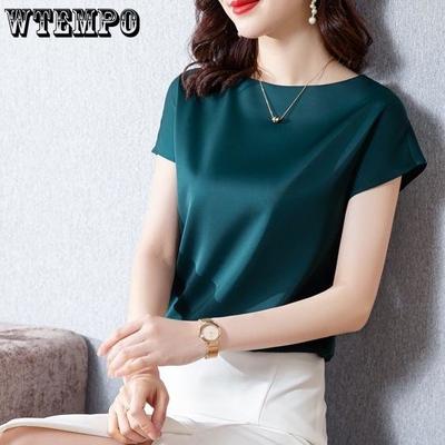 Kadın Saten Bluz Üst Düzey Moda Kısa Kollu İpeksi Mizaç Tişört Günlük Üstler
