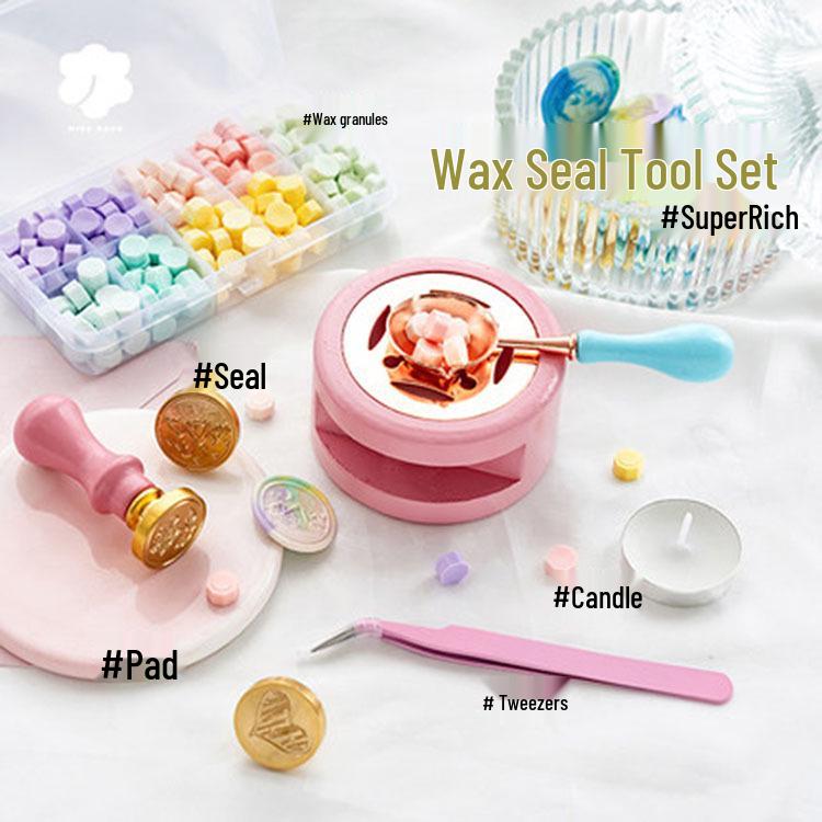 Retro Nine-Piece Wax Seal Stamp Set with Stamps, Wax Granules, Handle, Spoon, and Envelopes