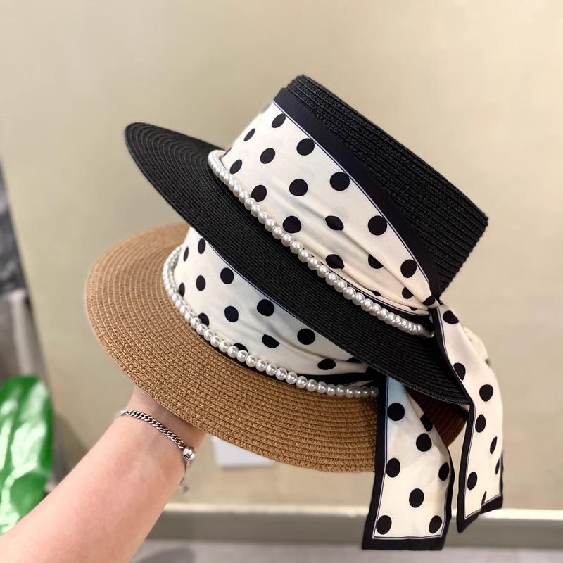 Simple Polka Dot Straw Hat Women's Summer Sunshade Sunscreen Vacation Beach Hat Flat Top White Top Hat Travel