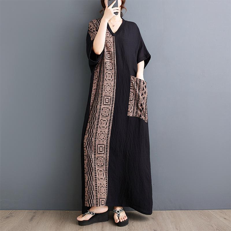 

Реальное лето Новое литературное Большой размер Свободное Принт V-образный вырез Короткий рукав Платье Женское Длинное платье Large size average size чёрный