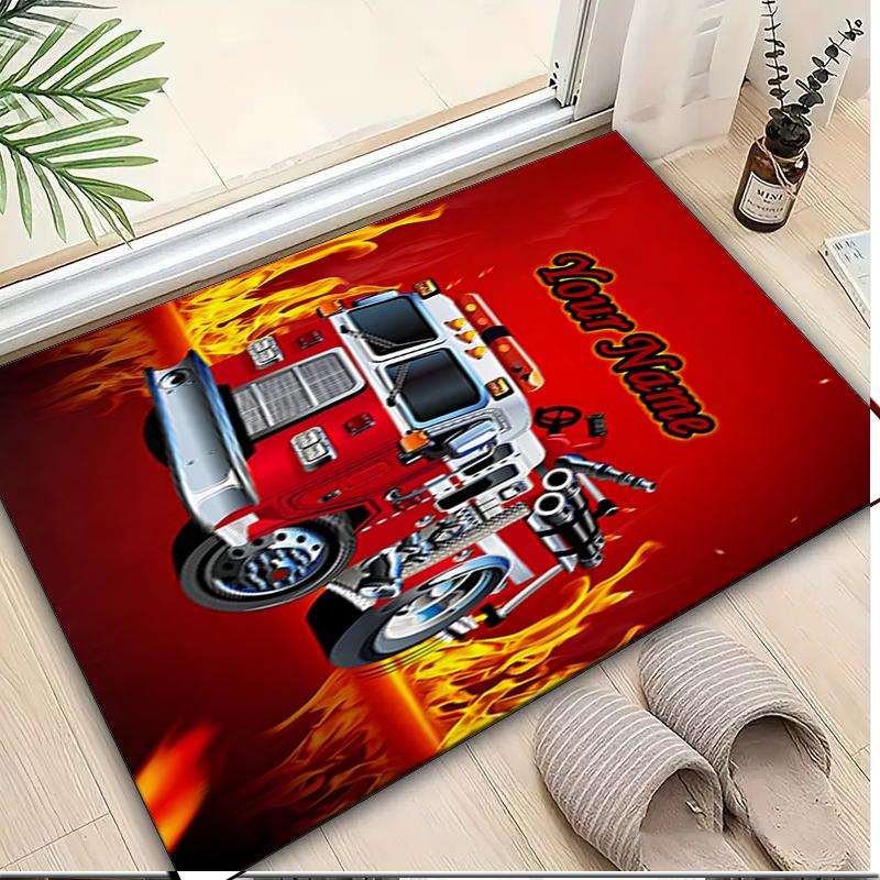 1PC Custom Name Fire Truck Adventure Theme Floor Mat Ideal for Living Room, Game Rooms, Office, Bedroom, Office Floor Mat , Floor Mats for Home