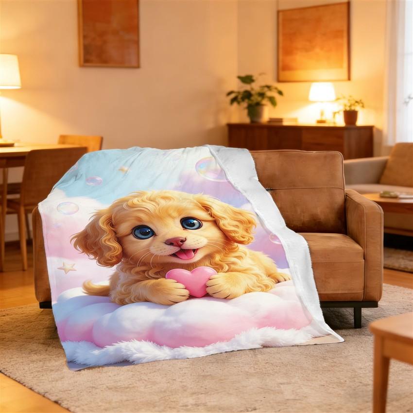 Cute Fluffy Golden Dog Pattern Flannel Printed Blanket Suitable for All Seasons Suitable for Living Room Office Sofa and Travel