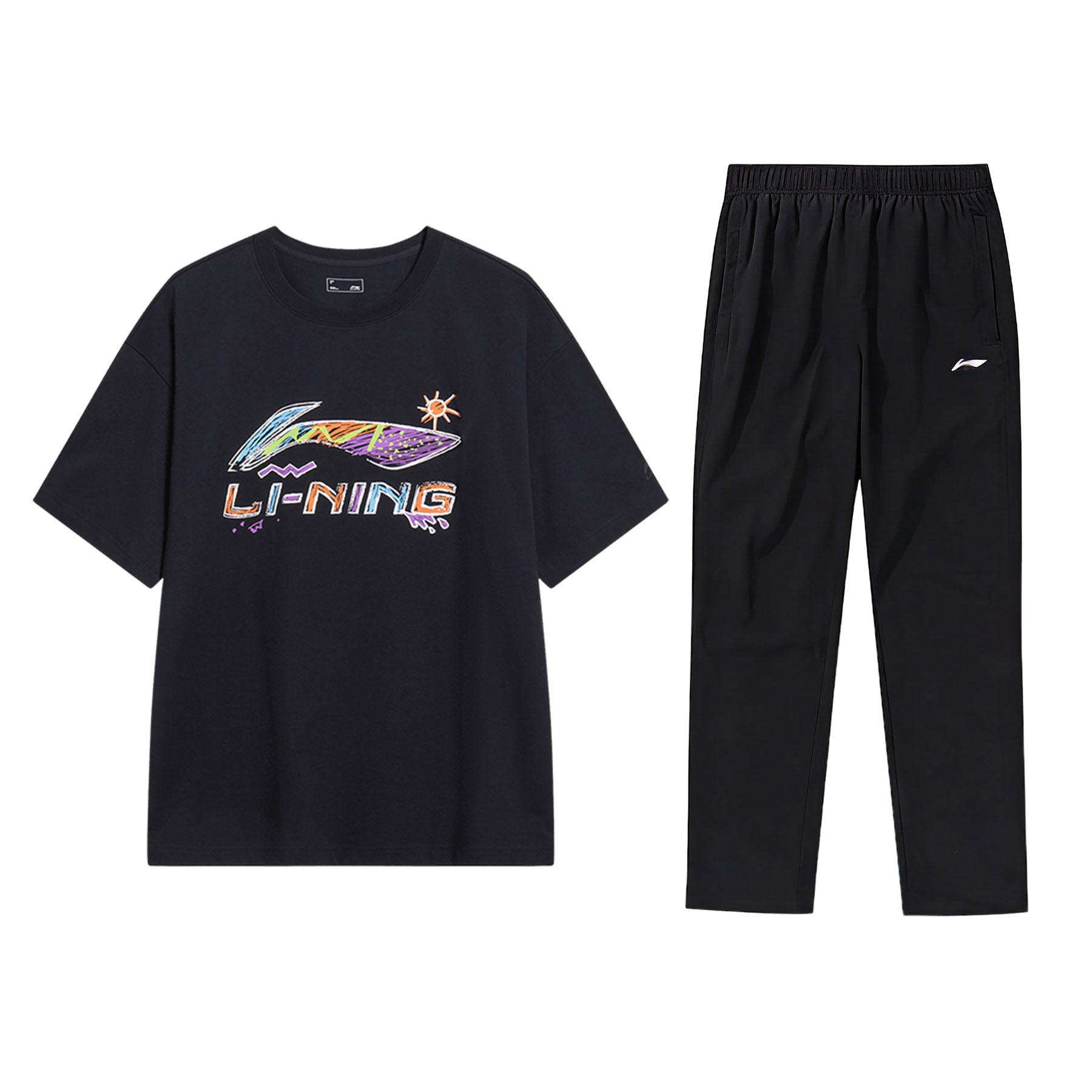 

Li-Ning Summer Printed Logo Trendy Classic Short Sleeve Long Pants Breathable Casual Sports Suit Men suit Black AHSU745-1+AYKU703-1 S