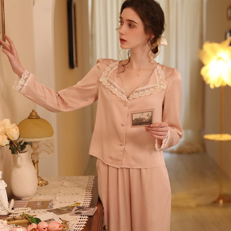 

Комплект из двух пижам для женщин, атласная ночная рубашка, домашняя одежда, весна-осень, рубашка с длинным рукавом и брюки, пижамный костюм XL