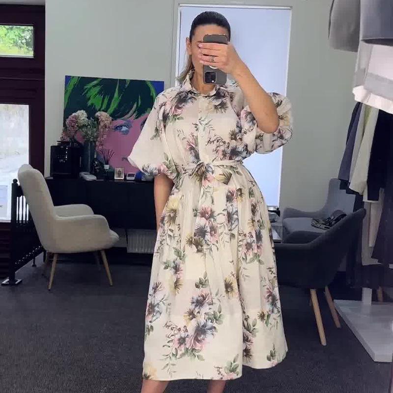 

2024 Summer Women s Fashion Printed Dress with Turn-Down Collar and Tie Waist XXL белый