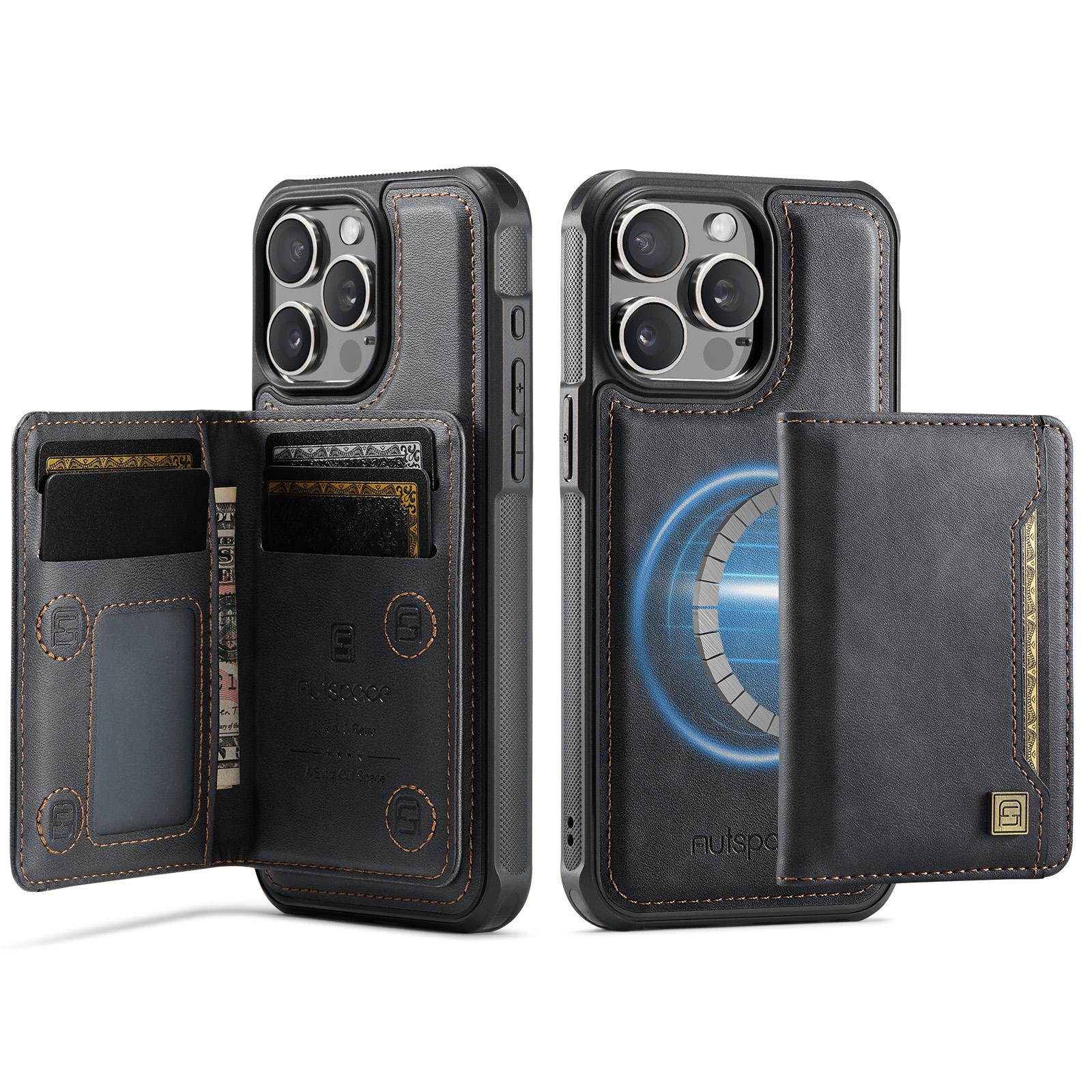 

Чехол для iPhone 14 Pro Max AUTSPACE A13 Винтажная кожаная задняя крышка со съемным магнитным карманом для карт Black