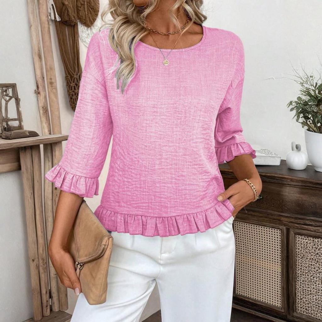 Women's Casual Fashion Ruffled Round Neck Color Long Sleeve Top