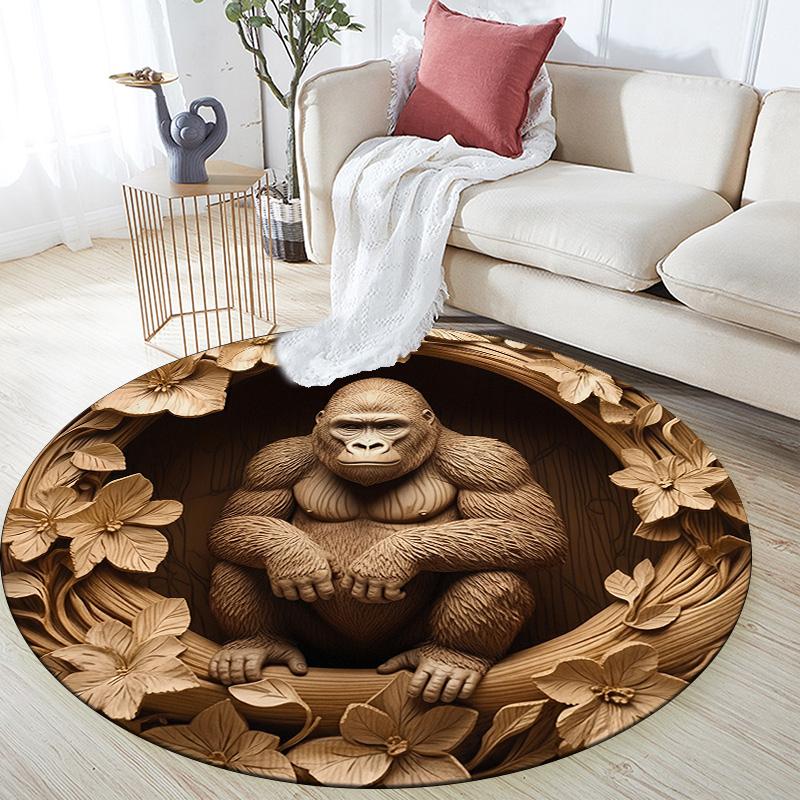 Wolf, Gorilla, Fox, and Wildebeest  Round Area Rug,Carpet Rug for Living Room Bedroom Sofa Playroom Decor,Non-slip Floor Mat