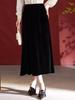 2025 Fall/Winter French Retro Black High Waist Silk Velvet Midi Skirt for Women - Slimming Pencil Design