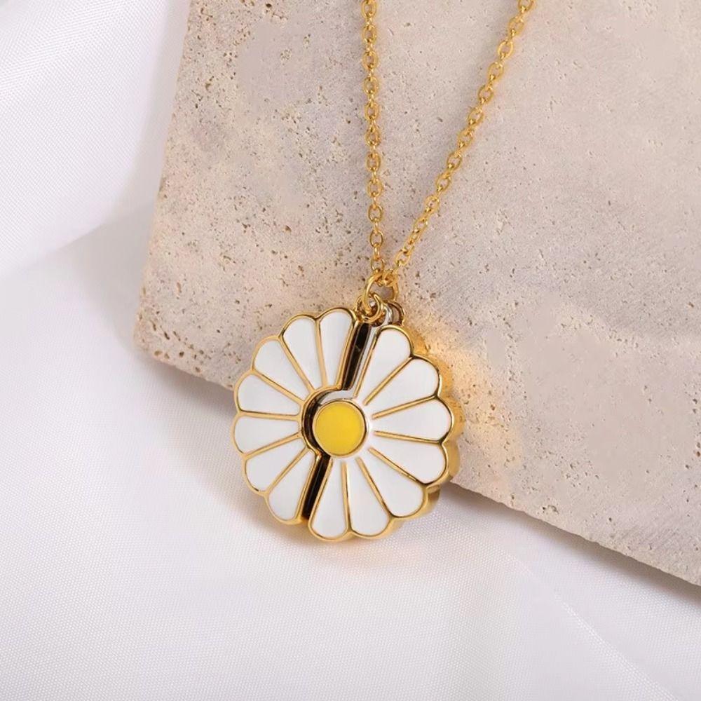 Handmade Glaze Oil Chrysanthemum Pendant Titanium Steel Daisy Necklace  Female Lady Girl