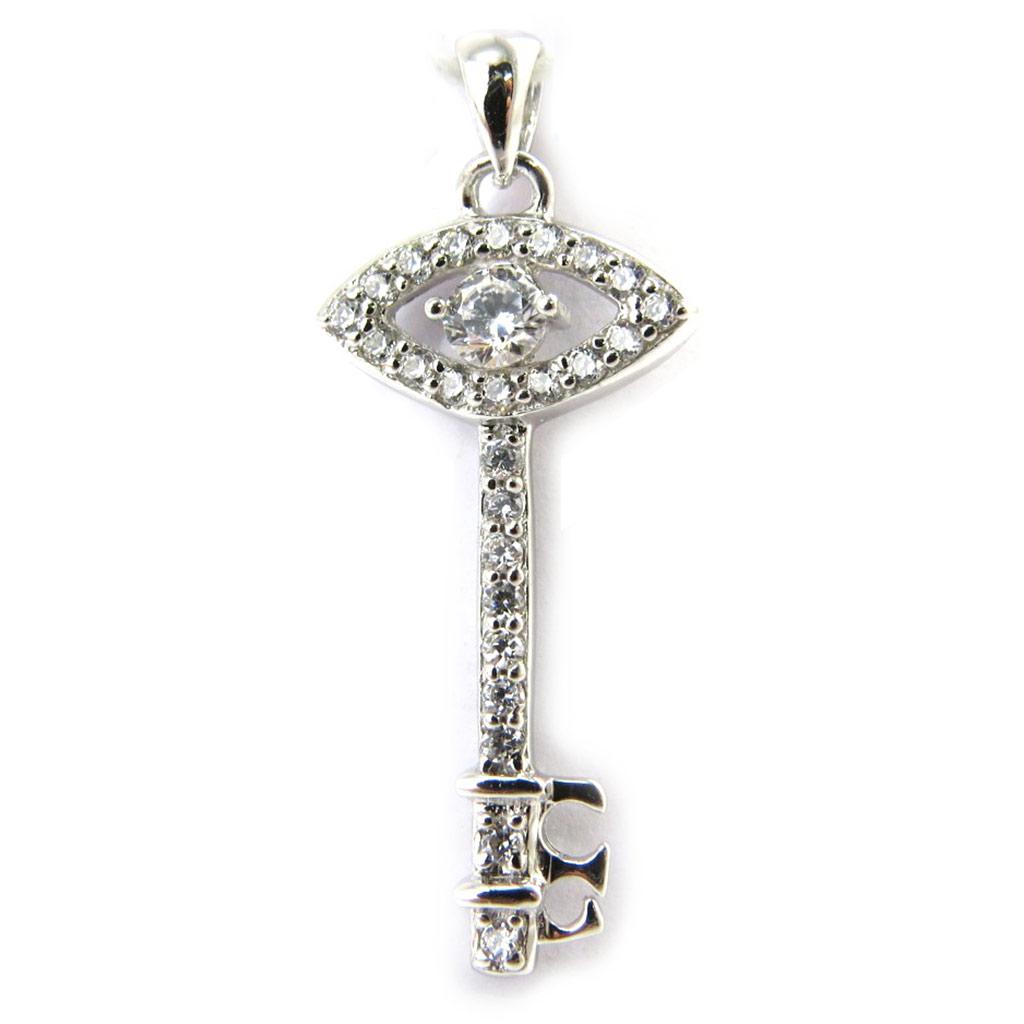 Les Trésors De Lily [M6196] - White 'Fatma Key' Silver Pendant - 28x11 Mm