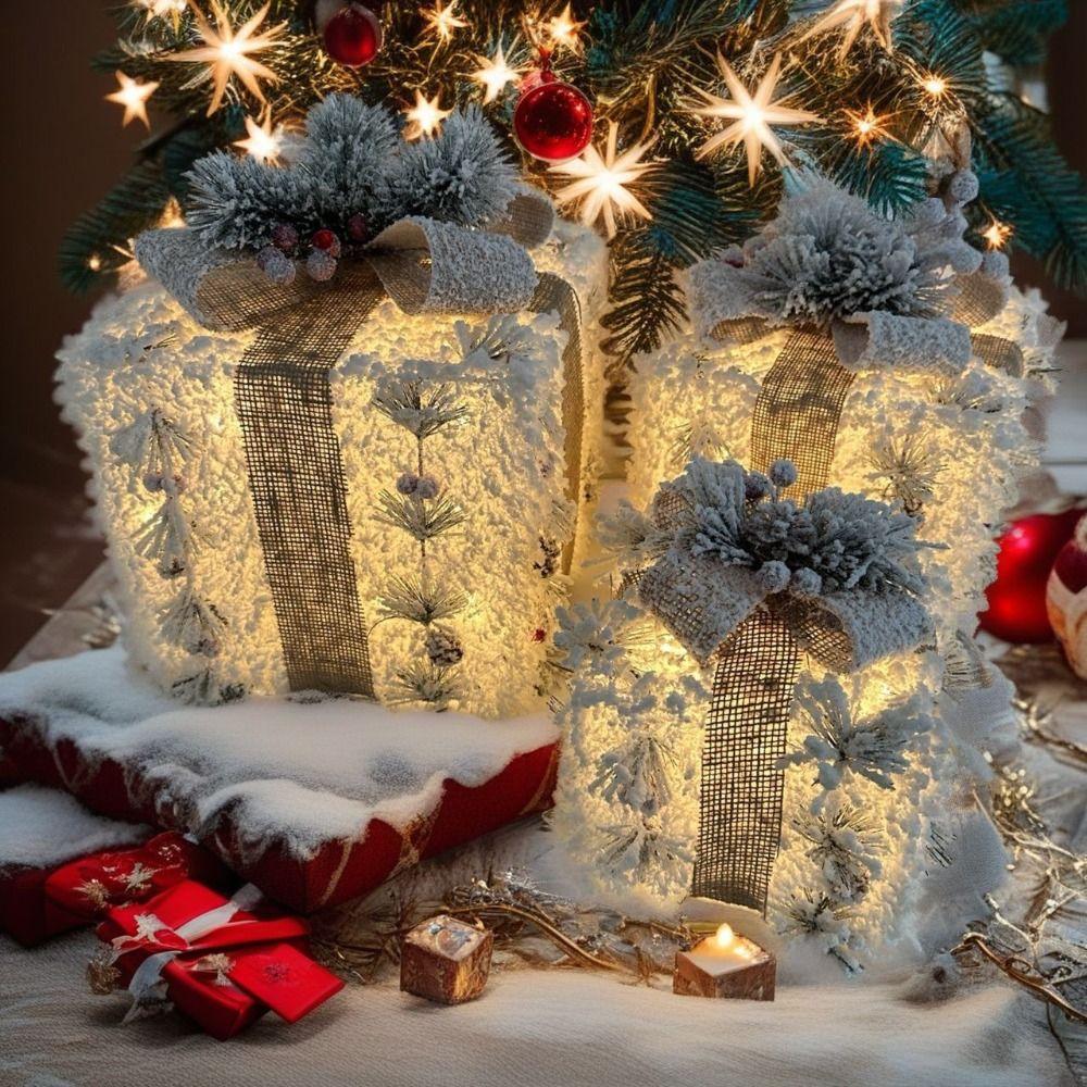 3pcs Plush Design Christmas Light Up Boxes Versatile Lighted Gift Boxes Outdoor Decor